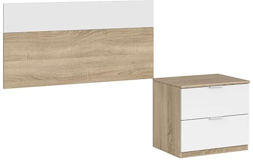 Habitdesign Kopfteil und Nachtkommode Luca | Jugendzimmer-Set Kopfteil & Nachttisch mit 2 Schubladen Eiche & Weiß