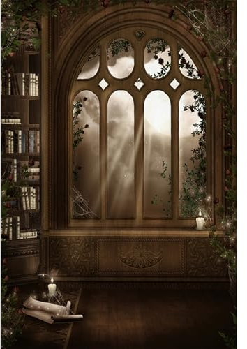 YongFoto 1,5x2,2m Vinyl Foto Hintergrund Magic Library Interior Weiße Kerze Vollmond Fenster Fotografie Hintergrund für Photo Booth Baby Party Banner Kinder Fotostudio Requisiten