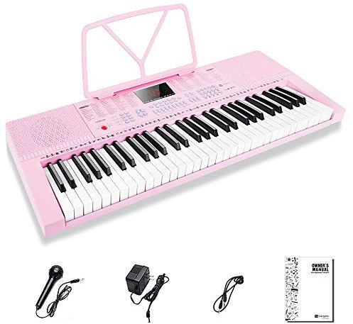 Vangoa Elektronische Klaviertastatur 61 Mini Tasten für Anfänger mit 3 Unterrichtsmodi, Mikrofon, 350 Töne, 350 Rhythmus, 30 Demo-Songs, Rosa