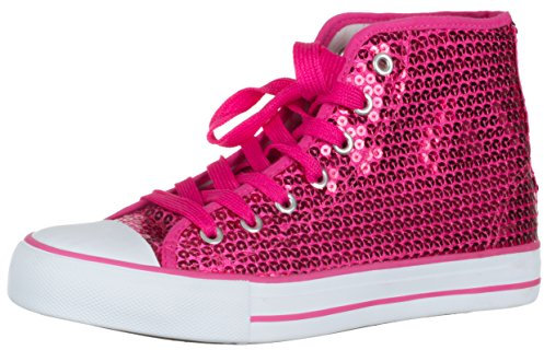 Brandsseller Damen Sneaker mit Pailletten und Glitzer - halbhoch mit Schnürsenkeln modisch bequem für Alltag & Party – Pink