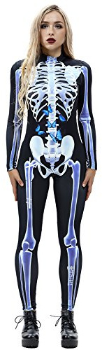 URVIP Skelett Overall Damen Knochen Skeleton Halloween Kostüm Bodysuit Anzug Karneval Fasching Color-BAX-012 M