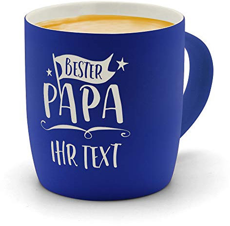 printplanet® - Kaffeebecher mit eigenem Text graviert - SoftTouch Tasse mit Wunschtext - Matt-gummierte Oberfläche - Farbe Blau - Motiv: Bester Papa