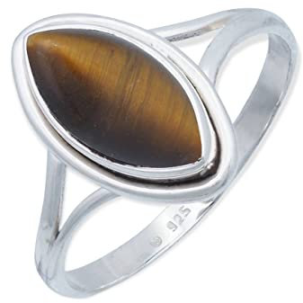 mantraroma Damen Ring Silber mit Stein Tigerauge Edelstein braun schlicht groß modern