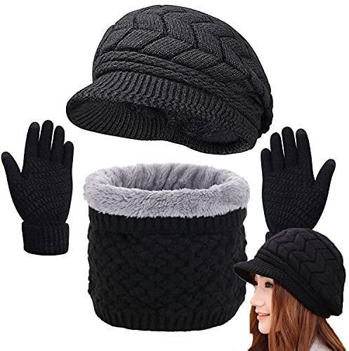 CheChury Mütze & Schal Set - Damen Wintermütze Warm Strickmütze mit Pompon Grobstrick Schal - Touchscreen Handschuh - Geschenk Winterzubehör - Outdoor Sport
