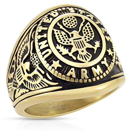 Paula & Fritz® Ring Herren US Army 316L Chirurgenstahl Größe 70 (22,3) Gold-schwarz Herren-Ring Partnerring Ehering Siegelring Damenring Motiv-Ring