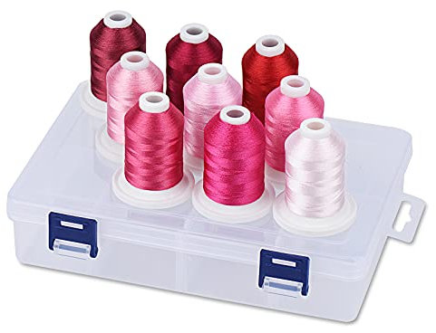 Simthread Polyester Maschinen Stickgarn mit Kunststoff-Aufbewahrungsbox, 9 Rose Farben, 800 Yards Schnappen Spulen, für professionelles Stickdesign