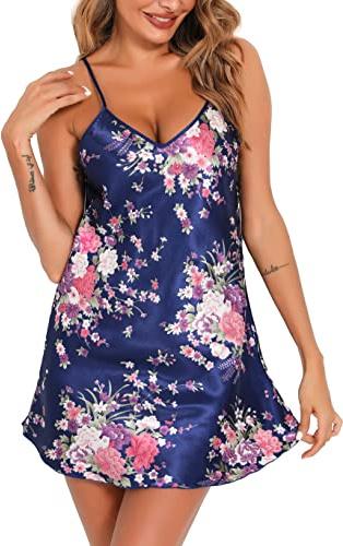 Vlazom Women Sexy Negligees Satin Silk Short V-Neck Nightdress Spaghetti Strap Chemises Full Slips Sleepwear Y-Dark Blue,XXL