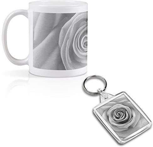 1 x 11oz (284ml) White Ceramic Mug Cup & 1 x Square Acrylic Keyring Set - BW - Macro Shot Rose Flower Design for Coffee Tea Drinks Kitchen Birthday Office #37590