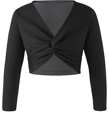 FEESHOW Kinder Mädchen Ballett Wickeljacke Langarm Wärme Samt Fleece Ballettjacke Gymnastik Tanz Strickjacke Pullover Top Ballettkleidung Schwarz 122-128