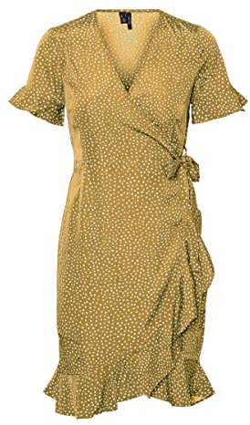 VERO Moda Damen Vmhenna 2/4 Wrap Frill Noos Short Dresses, Harvest Gold/AOP:Tiny Dots, L EU