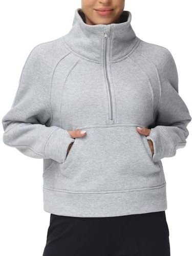 THE GYM PEOPLE Damen Halber Reißverschluss Pullover Fleece Stehkragen Crop Sweatshirt Langarm Oberteile mit Taschen Daumenloch
