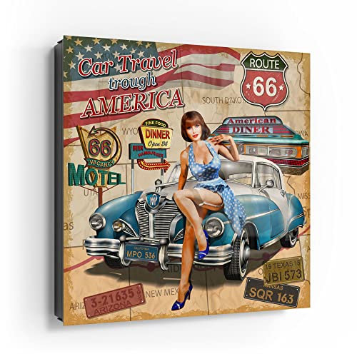 DEQORI Cassetta portachiavi nera, 30 x 30 cm, motivo Route 66 poster, in vetro e metallo, con 50 ganci + 2 magneti, moderna scatola magnetica e scrivibile