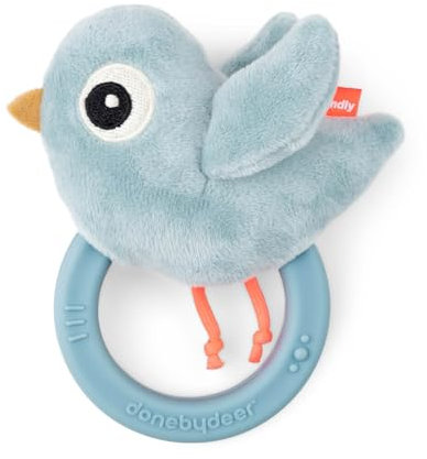 Done by Deer Baby Rassel mit Beißring – Birdee Blau – Sensorikspielzeug ab 0 Monaten – Greifrassel mit Rasselgeräusch & Knisterflügel – Zahnungshilfe – BPA-frei & waschbar