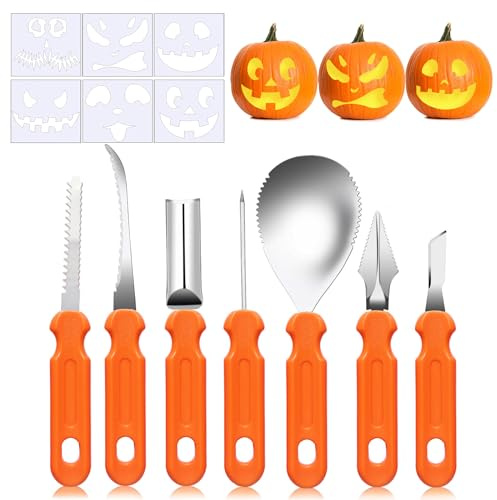 UDIKEFO Halloween Kürbis Schnitzset, 7 STK Kürbis Schnitzen Set mit 6 PVC schnitzvorlagen DIY Halloween Dekoration Edelstahl Kürbis Schnitzwerkzeuge für Kinder und Familie