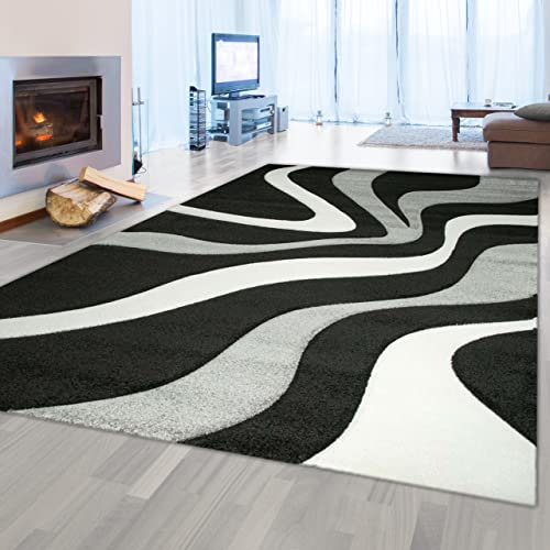 Teppich-Traum Designer Wohnzimmer Teppich mit Wellenmuster | pflegeleicht | schwarz grau & weiß, 160 x 230 cm