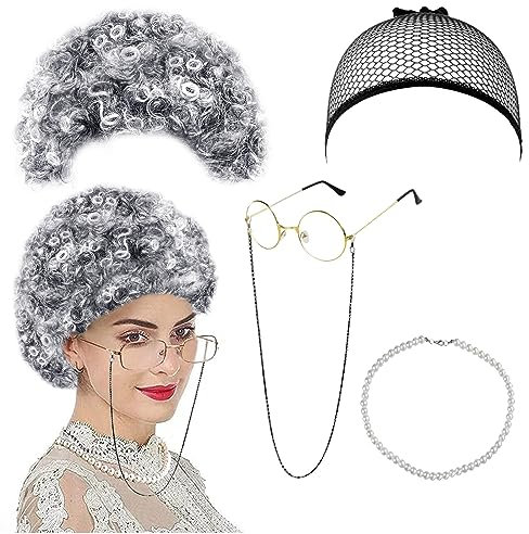 SPERMUOY Oma Perücke Old Lady Kostüm Set mit Locken Oma Perücke Perlenkette Oma Brille Brillenketten Kordelriemen Kostümzubehör,Alte Dame Cosplay Set für Fasching Karneval Mottoparty Damen(hellgrau)