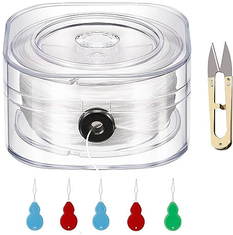 Filo elastico, 120 metri, colore bianco trasparente, filo di perle, filo elastico con ago di perle e forbici per bracciali, collane, gioielli, fai da te (0,6 mm)