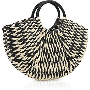 NICOLE & DORIS Stroh Handtasche Damen Mode Strandtasche Shopper Damen Groß Handgewebte Tasche Mehrfarbig Handtasche Sommer Strandtasche Schwarz und Weiß