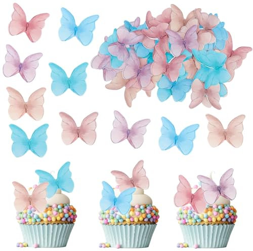 ENLACE Essbare Schmetterlinge für Torte,48 Stück Bunt Schmetterlinge Tortendeko Essbar,Esspapier Schmetterlinge Deko Geburtstag,Essbare Tortendeko,Schmetterling Cupcake Topper für Hochzeit Geburtstag