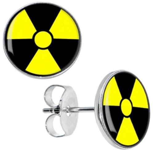 BlackAmazement 2er Set 316L Edelstahl Ohrstecker Ohrringe Radioaktiv Nuklear Atomar Atomkraft Symbol schwarz gelb Herren Damen (8mm)