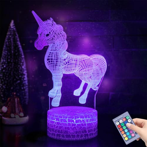 Probuk Einhorn Geschenke Nachtlicht,Einhorn 3D Lampe,3D Einhorn Nachtlicht,16 Farbwechsel mit Fernbedienung&Berühren,Einhorn Nachtlicht für Kinder,Geburtstags Weihnachten Wohnzimmer Schlafzimmer Dekor
