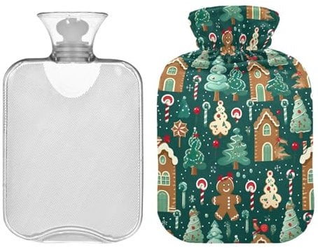 Christmas Gingerbread Man Green Hot Water Bottle with Cute Cover, 1 Liters Winter Hot Water Bag for Neck, Shoulders and Legs Pain Relief, Menstrual Cramps, Hand Feet Warmer