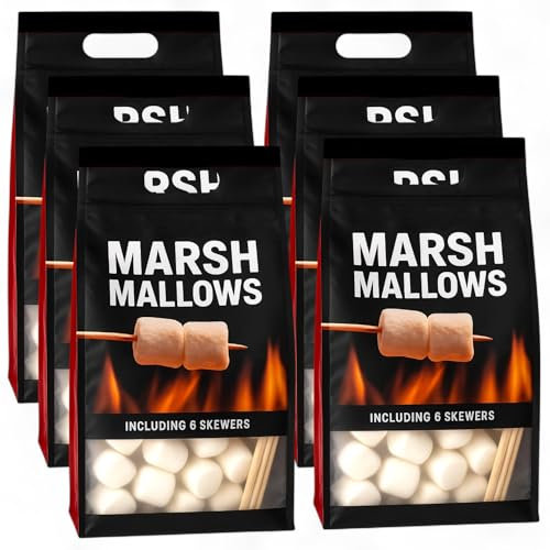 BBQ Marshmallows - Barbecue Süßigkeitsschmaus - Flauschig, Fettfrei und Glutenfrei - Schaumzucker-Süßigkeit für Lagerfeuer-Erlebnisse, Schoko-Fondue oder Backspaß - je Beutel mit 6 Holzstäben (6x300g)