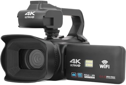 Jectse Videocamera 4K, Videocamera per WiFi Ultra HD da 64 MP con Zoom Digitale 18x, Fotocamera Digitale per Visione Notturna Touch Screen da 4 Pollici con Luce di Riempimento