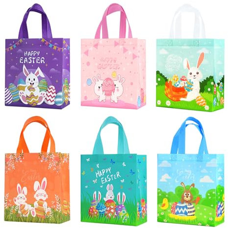 BOENFU Geschenktüten Ostern, 6 Stück Ostertüten mit Griffen, Wiederverwendbar Tüten Ostern Groß mit Hasen Ostereiern Deko-Mustern, 6 Designs Geschenktasche Oster Kinder für Geschenk