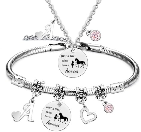 LOCCY Mädchen und Pferd Halskette Silber Herz Anhänger Halskette Geschenke Pferd Halskette Pferd Armband Set, Pferd Geschenke für Mädchen Frauen Freundin Tochter Pferdeliebhaber (A)