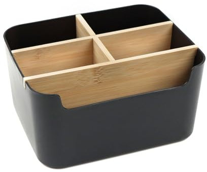 YIWONFU 5 Fächer Schreibtisch Organizer, Bambus Stiftehalter mit Abnehmbar Fächer, Multifunktional Büro Organizer Fernbedienung Organizer für Stifte, Haftnotizen, Brille, Schere(Schwarz)