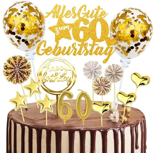 Tortendeko 60 Geburtstag Mann Frau, 20 Stück Gold Kuchendeko Cake Topper 60. Geburtstag Deko, Glitzer Alles Gute zum 60 Geburtstag mit Geburtstagskerzen Konfetti Luftballons Papierfächer