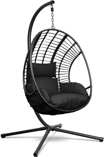 Swoods XXL Hängesessel mit Gestell - Hängesessel Für Indoor und Outdoor - Inkl. Kissen und Schutzhülle- Egg Chair - bis 150kg (Black)