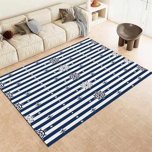 Srigzcaly Teppich rutschfeste für Wohnzimmer Esszimmer, Streifen Mit Maritimem Motiv Dekor Teppich für Schlafzimmer Kinderzimmer - Blau Kurzflor Flanell Teppiche Pflegeleicht Waschbare 160x230cm