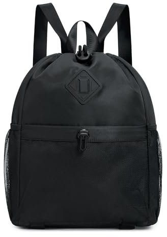 WANDF Drawstring Backpack Sport- und Gym-Tasche mit Yoga-Mattenriemen, wasserabweisende Kordelzug-Tasche mit Mesh-Tasche für Damen und Herren (Schwarz, Patent angemeldet)