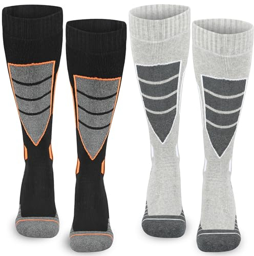 ouhos 2 Pairs Mens Ski Socks, High Performance Knee High Thermal Winter Socks for Skiing, Snowboarding & Hiking - Thick Warm Padded Cushion, Fits Men's UK 9-12