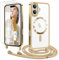 Ethanger Handyband für iPhone 16 Hülle mit Band + 2 Stück Glas Schutzfolie Transparent Silikon Handyhülle Magnetische Schutzhülle Case zum Umhängen Kordel für iPhone 16 Gold