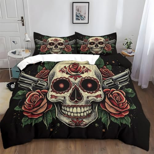 Skull Rose Pistols Duvet Covers Super King Black Bedding Set Comforter Cover Microfiber 3 Pcs Duvet Cover Set Bedroom Decor, with 2 Pillowcases