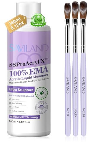 SAVILAND Pro Acrylic Liquid Monomer Kit Ultra Sculpture: 240 ml Large Capacity Pure EMA Acrylic Monomer Liquid wtih 3Pcs Acrylic Nail Brushs(8#,10#,14#) for Nail Extension Nail Carving Non Yellowing