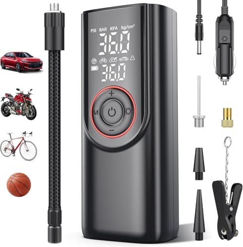 PAIDASHU Tyre Inflator Cordless Air Compressor, Portable 150PSI 6000mah Electric Bike Pump with Digital Dual Values LCD Display, Pressure Gauge, Rechargeable Tyre Pump for Car, Bike, Motorbike, Ball