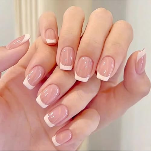 French Tip False Nails - 24pcs Square Press On Nails Short In 12 Sizes - Glossy Nude White French Nails - Removable Full Cover Fake nails with Glue
