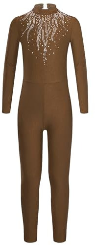 FEESHOW Mädchen Turnanzug Ganzkörper Langarm Glitzer Gymnastik Ballett Body Mit Strass Kinder Jumpsuit Einteilige Tanzkleidung Braun 134-140