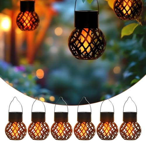 Solar Mini Hängeleuchten 9 x 7 cm mit Flammeneffekt - 6er Set - LED Laternen klein zum Hängen für Außen - Garten Deko Beleuchtung Solarlaterne Solarlampe Lampion Hängeleuchte