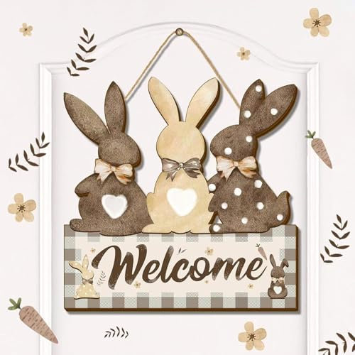 Türschild Frohe Ostern Haustür Deko Holz Willkommen Dekoschild für Ostern, Frühlingsdeko Hase Osterdeko mit Osterhase, Holzschild Hase zum Aufhängen für Haustür, Osterparty, Dekoration, Fensterdeko