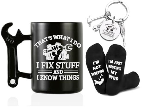 Charfia Gifts for Men, Birthday Gifts for Men, Mug, Socks and Keychain Set Gift, Fathers Day Presents, Idea Presents for Birthday, Valentines Anniversary Fathers Day, Mechanic Mens Gift (Black)