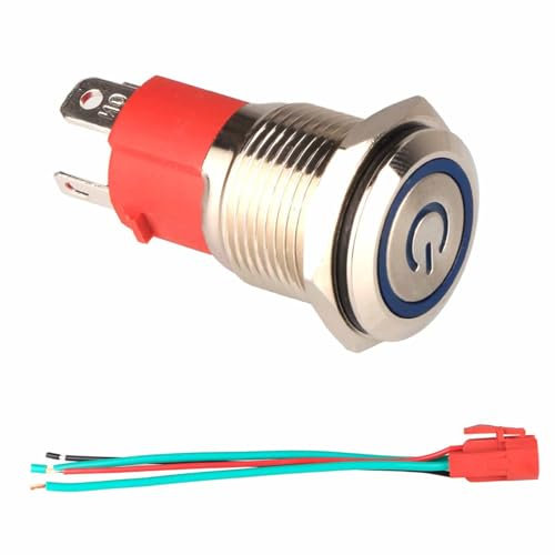 Selbstverriegelnder LED-Druckknopfschalter, 230V/15A, Wasserdicht, 16mm Metalltaster mit Steckerkabel, Push-ON/Push-OFF