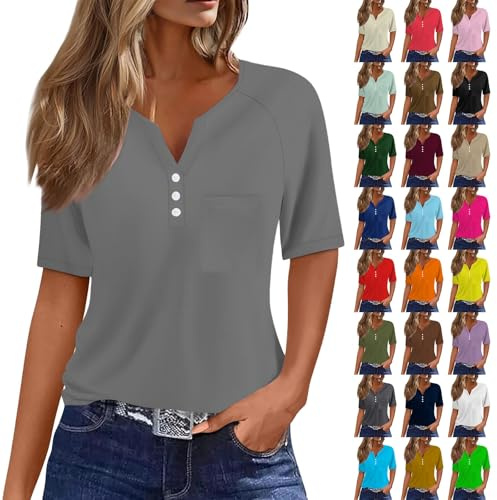 Women's Casual Pleated V Neck Short-Sleeve Top - Button Down Tops with Pockets for Women - Going Out Tops Short Sleeve Blouses T Shirts Cotton V Neck T Shirts Casualtops Khaki