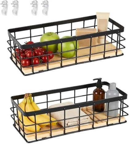 Drahtkorb,Metallkorb,Schwarz Dekokörbe,Haushalt Wandkorb Metall,Badezimmer Aufbewahrungskorb,Metallkorb mit Holzsockel,für Obst Snacks Küche Speisekammer(2 Stück)