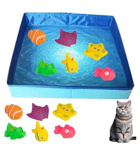 Piscine pour chat avec jouet - 50 x 10 cm - Petite piscine pour chat - Pliable - Jouet d'eau pour chien et chat - Bleu