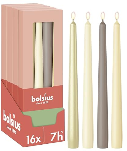 Bolsius - Glatte Spitzkerzen - Set 16 Stück - Pillow Talk - Dekorative Haushaltkerzen - Länge Brenndauer - Unparfümierte - Natürliches Pflanzenwachs - Ohne Palmöl